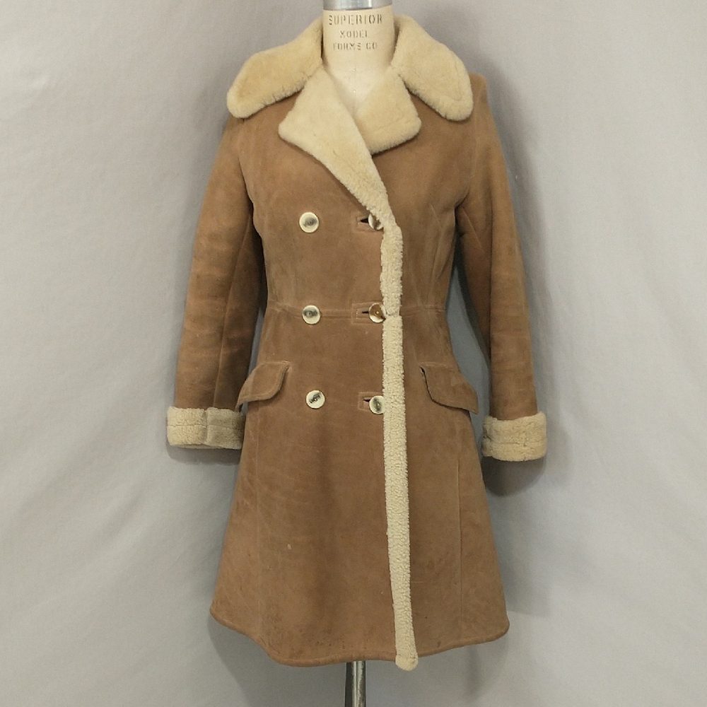 Vintage Tan Shearling-Trim Suede Trench Coat